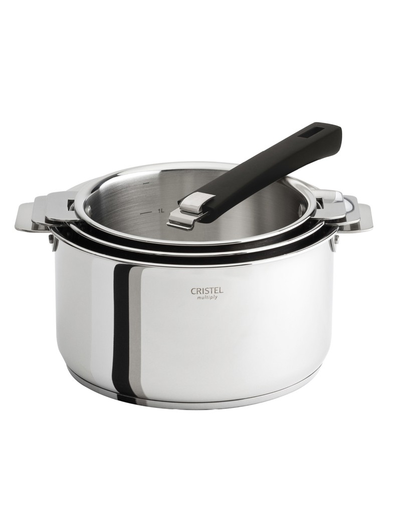 Lot 3 casseroles Casteline tout inox amovibles 16 à 20 cm + 1 poignée Mutine noire CRISTEL Lot 3 casseroles Casteline tout inox amovibles 16 à 20 cm + 1 poignée Mutine noire CRISTEL