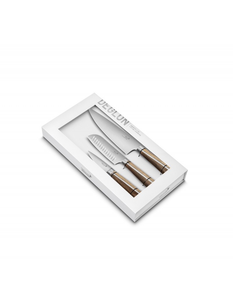 Coffret Highwoods 3 couteaux de cuisine support chêne DEGLON