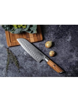 Couteau Fukito Olive Damas 14Cr 73 couches Santoku 18cm FUKITO