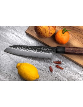 Couteau de cuisine Sayuto Séquoia San Mai Santoku lame martelée 18cm SAYUTO