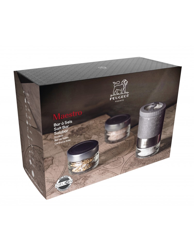 Coffret Moulin sel Maestro Zirlion + 2 réservoirs + 3 sachets PEUGEOT SAVEURS