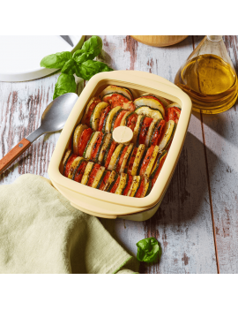 Plat rectangulaire en verre effet céramique avec couvercle en verre et silicone PEBBLY