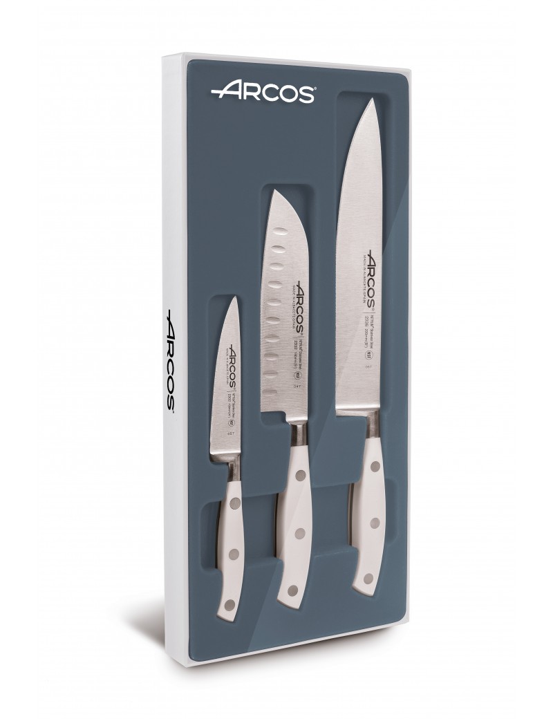 Coffret 3 couteaux Riviera : Office 10 cm - Santoku 14 cm - Chef 20 cm -  Couleur Blanc - Cuisine - Parlapapa