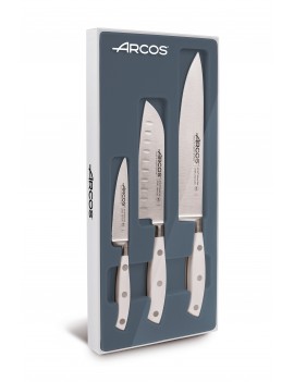 Coffret 3 couteaux Arcos Blanc : 1 couteau d'office 10 cm - 1 Santoku 14 cm - 1 couteau chef Riviera