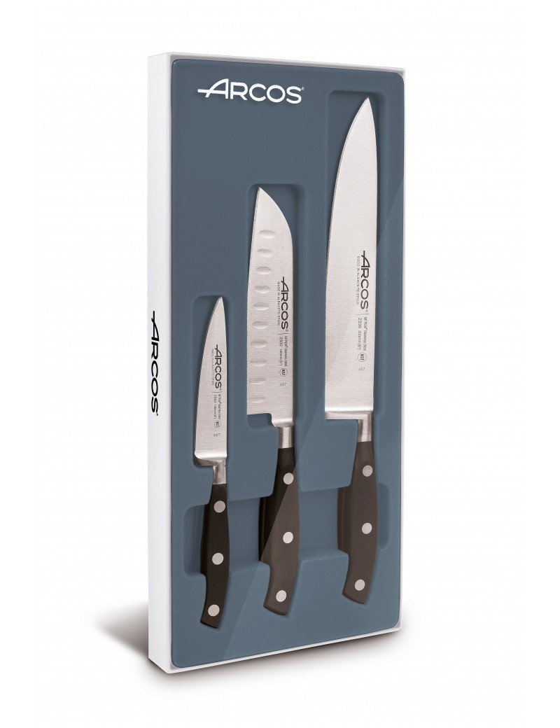 Coffret 3 couteaux Arcos Noir : 1 couteau d'office 10 cm - 1 Santoku 14 cm - 1 couteau chef Riviera