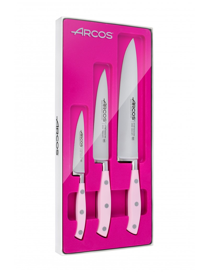 Coffret 3 couteaux Arcos Rose : 1 couteau Office 10 cm - 1 couteau Cuisine 15 cm - 1 couteau Chef 20 cm