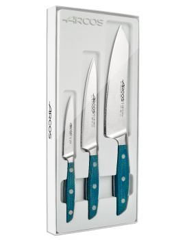 Coffret 3 couteaux Brooklyn :  Office 10 cm - Cuisine 15 cm - Rocking Santoku 19 cm ARCOS