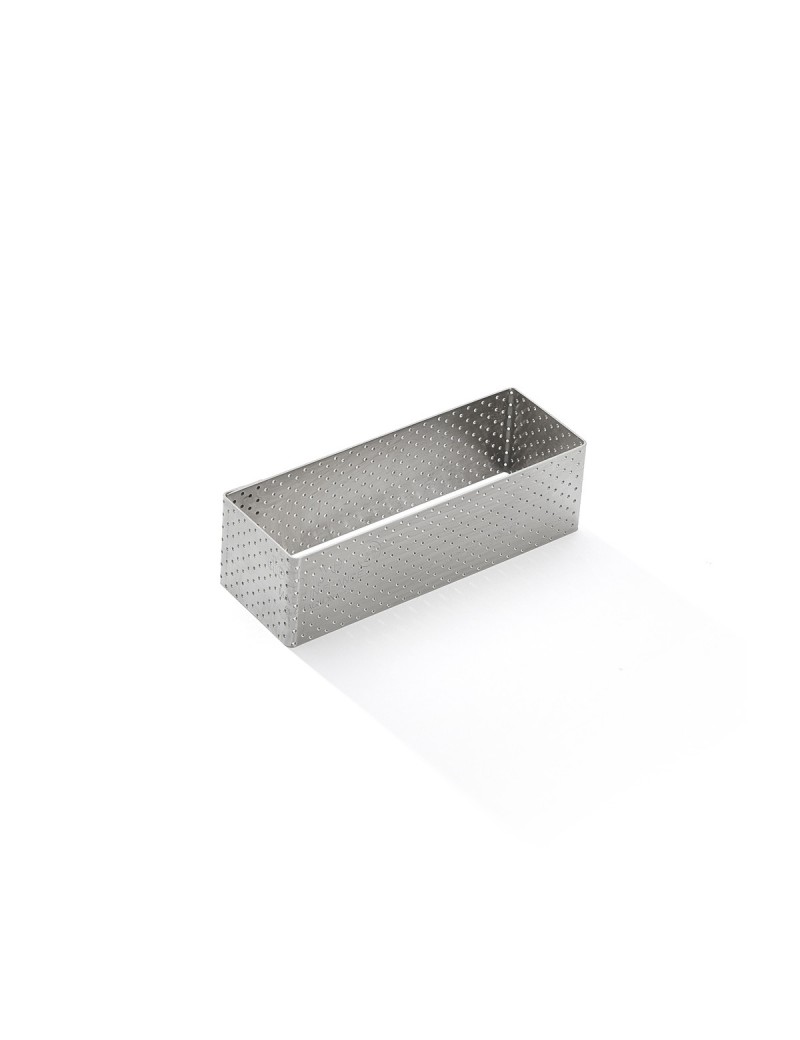Cercle à tarte rectangle perforé Valrhona à bord droit inox 12x4cm H 3,5 cm Cercle à tarte rectangle perforé Valrhona à bord droit inox 12x4cm H 3,5 cm