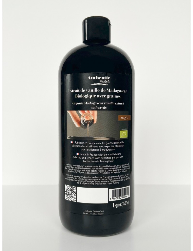 Extrait de vanille Bio 200g/L avec graines - support sucre AUTHENTIC PRODUCTS